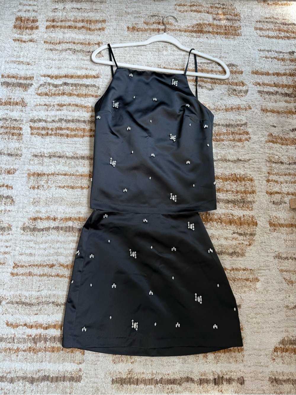 Never Worn: Abercrombie Black Beaded Two-Piece Satin Tank & Mini Skirt Set